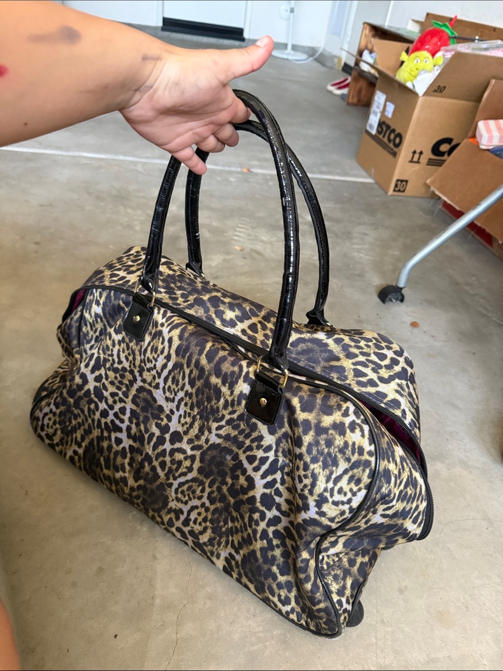 bebe Leopard Print Travel Tote with Black Handles